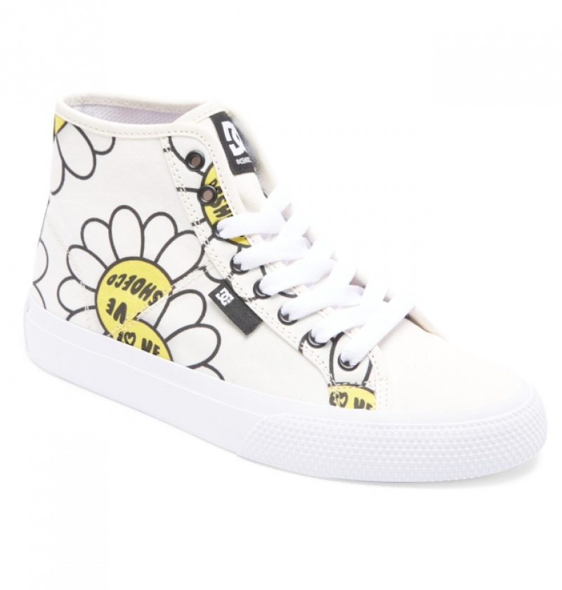 Basket DC Manual HI High-Top Tela Blanche Noir Fleur Femme | FOI-6590992